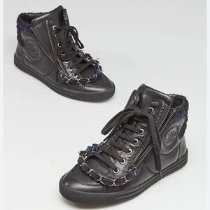 Chanel Black Lambskin Tweed High Top Sneakers